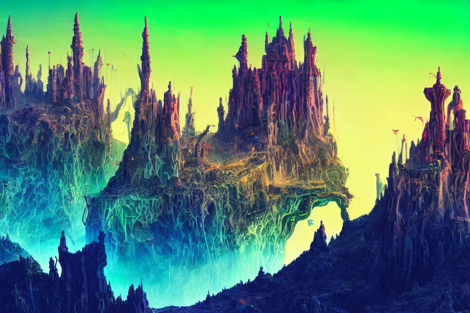 Vibrant surreal landscape with green and blue hues and otherworldly rock formations