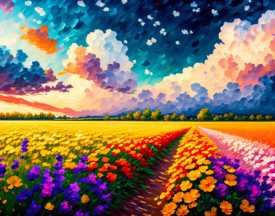 Colorful Flower Field Painting with Dramatic Sunset Sky