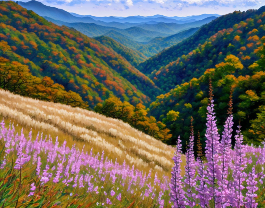 Colorful autumn valley with rolling hills and purple flowers.