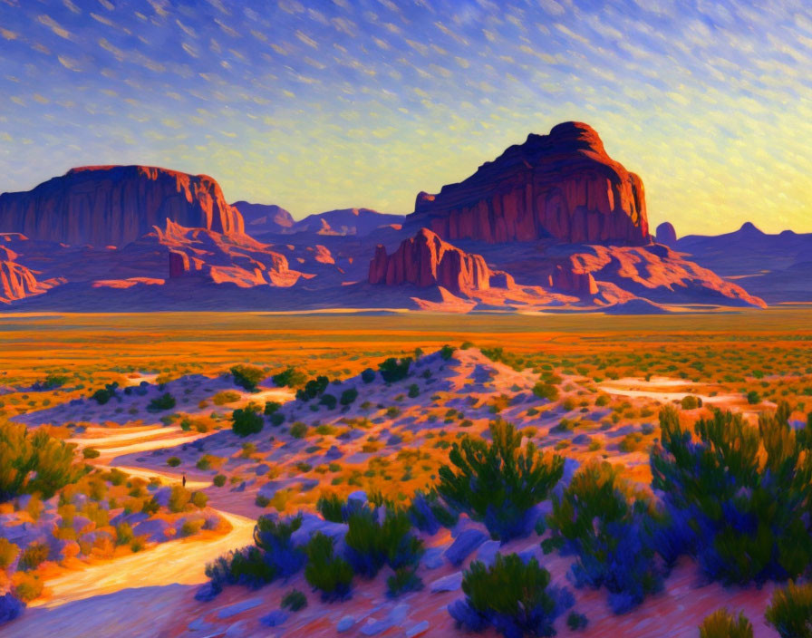 Colorful desert landscape painting with buttes under blue sky & winding path.