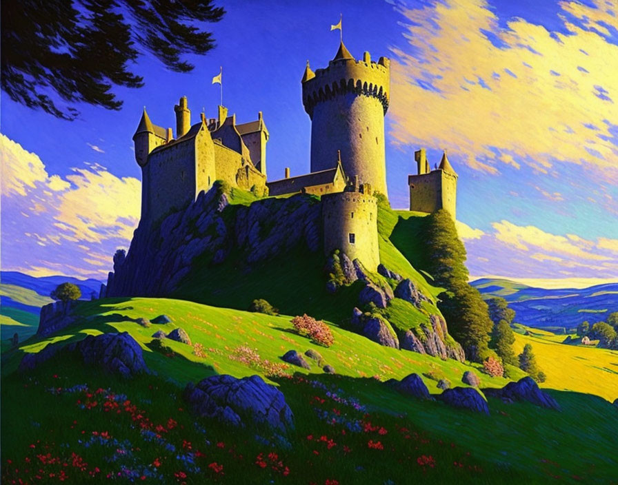 Majestic Medieval Castle on Hill with Meadows and Blue Sky