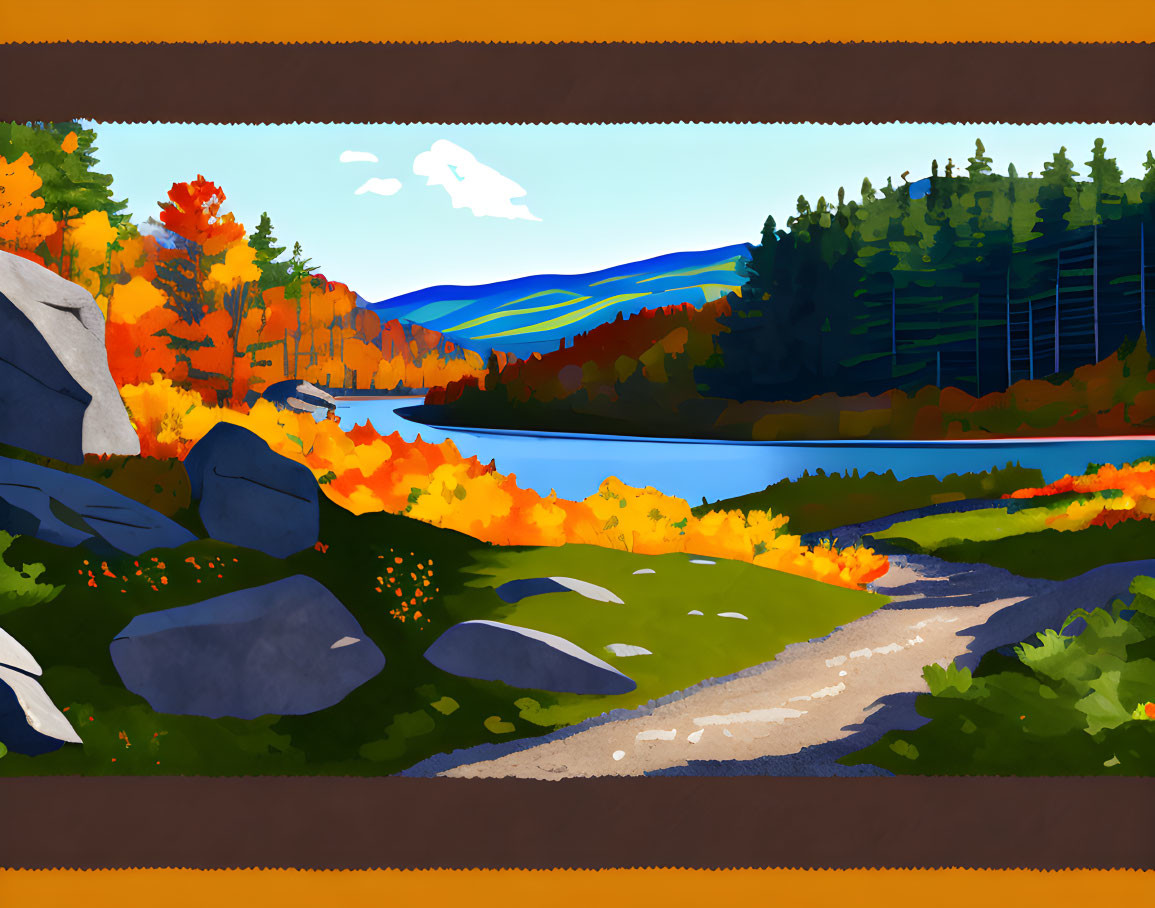 Colorful autumnal landscape with calm lake in digital artwork