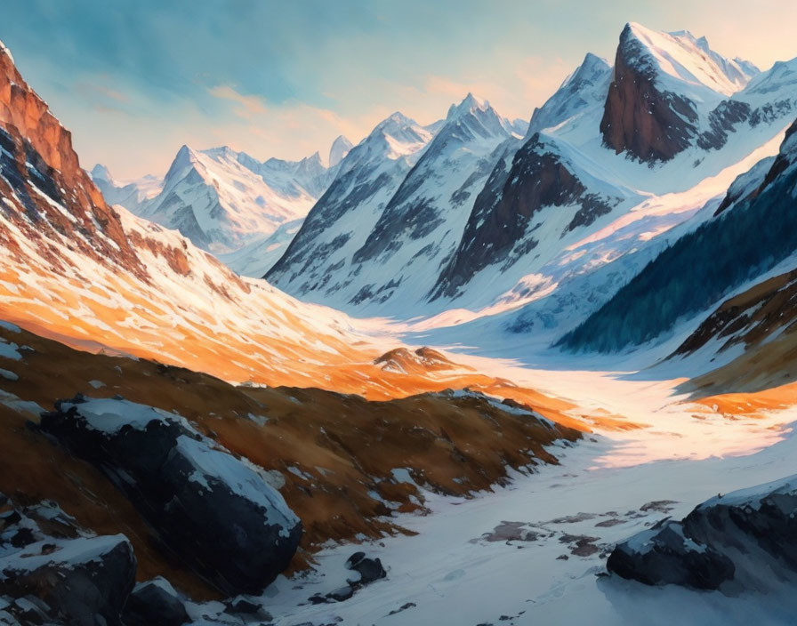 Digital painting of sunrise over mountainous landscape with golden light and snow river.