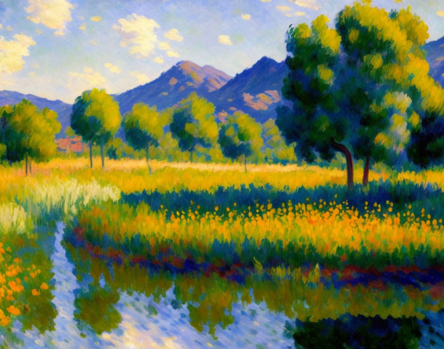 Vibrant landscape painting: field of yellow wildflowers, winding river, green trees, mountains,