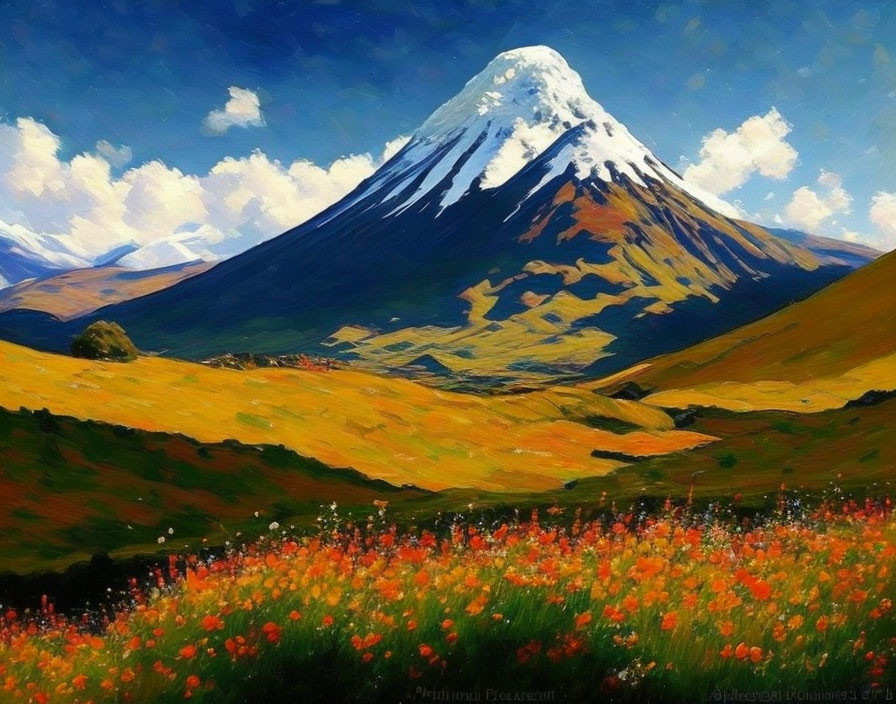 Colorful mountain painting with wildflowers and dynamic sky