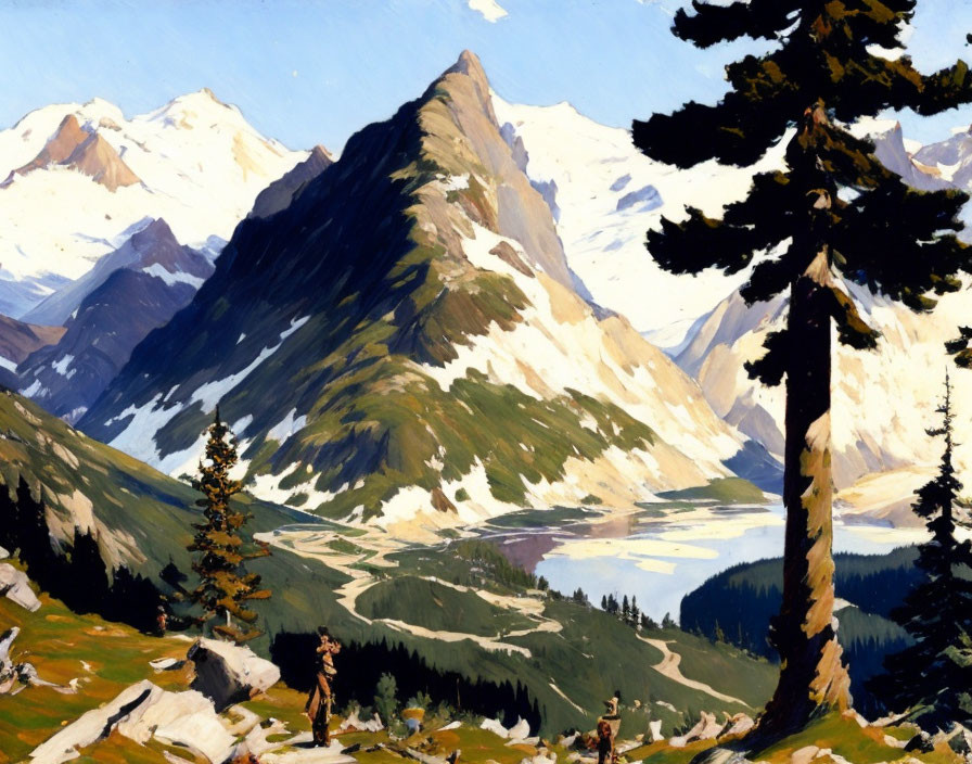 Mountain landscape painting with pine tree, snow-capped peaks, and valley.