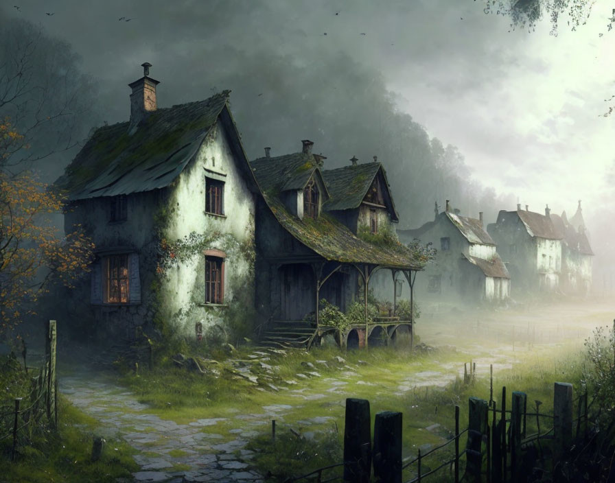 Overgrown cottage in misty rural setting with cobblestone path