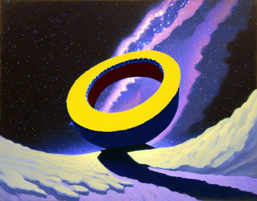 Surreal painting: Yellow Möbius strip on starry night sky above moon-like landscape