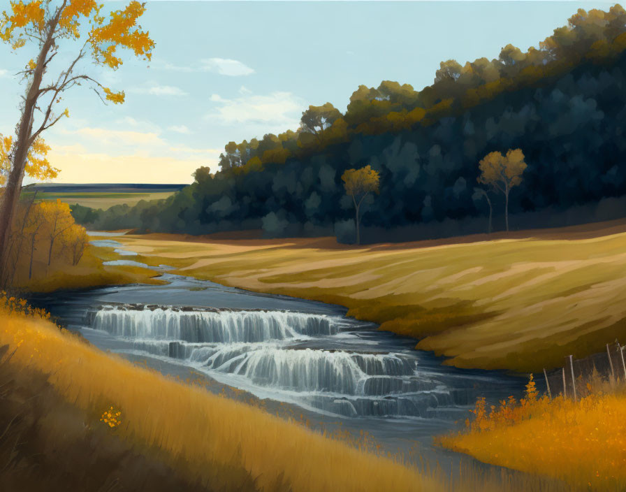 Tranquil landscape painting of cascading waterfall in rural scene