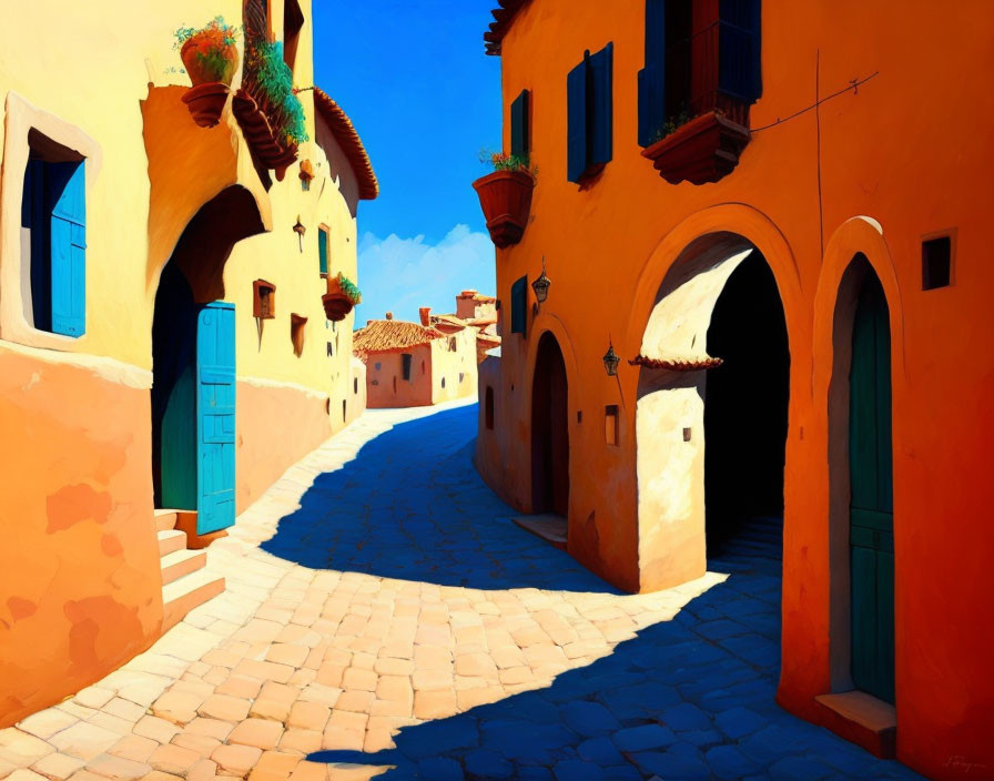 Vibrant Mediterranean street with blue doors and terracotta walls