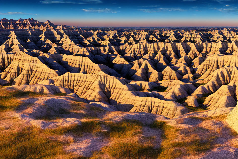 Eroded Landscape with Layered Rock Formations at Sunset