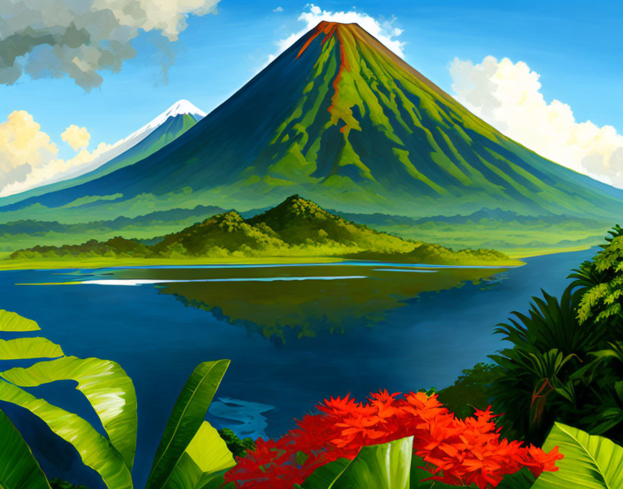 Tropical scene with volcano, snow-capped peaks, vibrant flora, and serene lake