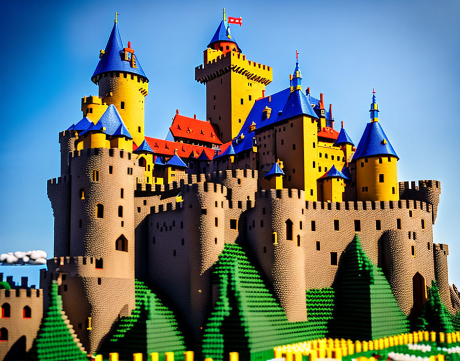 Detailed LEGO castle with towers, red roofs, and greenery on blue sky background