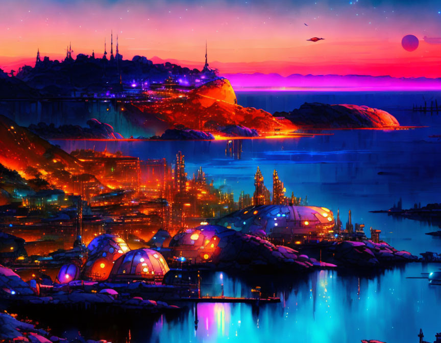 Futuristic sci-fi cityscape with neon lights and crimson sky