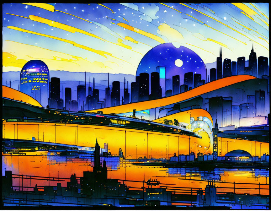 Futuristic cityscape with stylized skyscrapers and vibrant colors