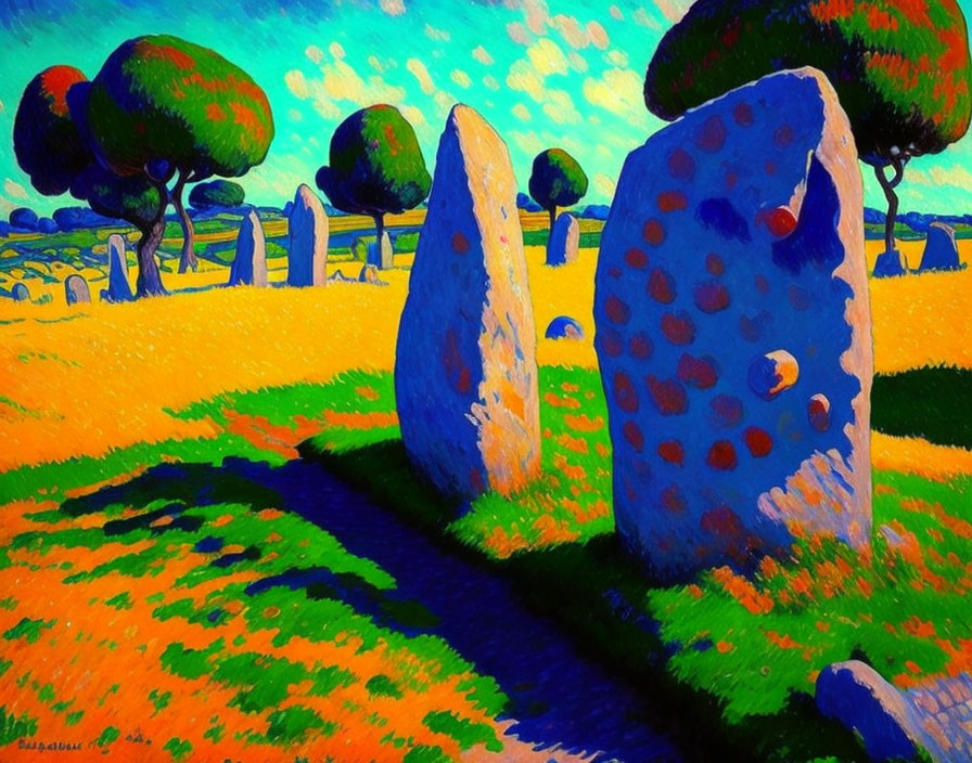 Colorful landscape with standing stones, trees, stream, and fields under blue sky