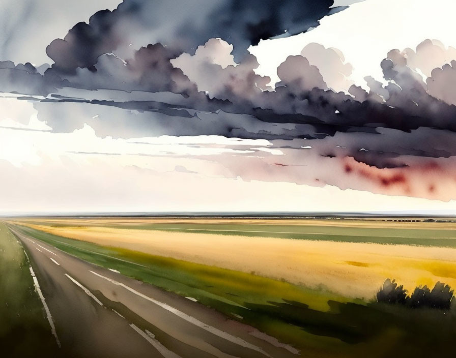 Stormy landscape with road through vibrant fields under dramatic sky