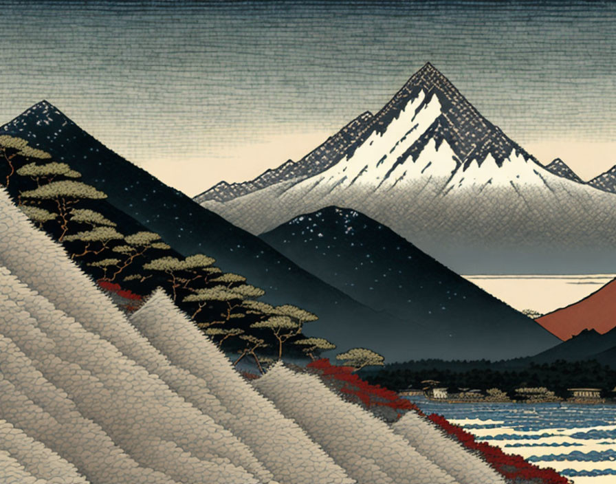 Traditional Japanese woodblock print: Mount Fuji, snow-covered peaks, stylized pine trees, serene lake