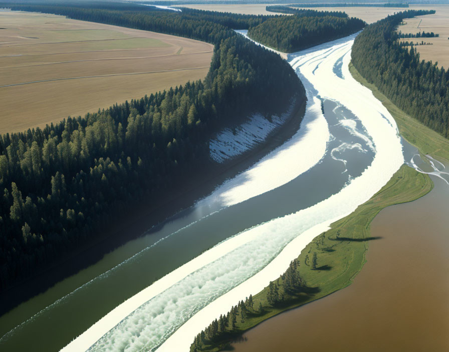 Meandering River with Forest and Open Fields: Aerial View