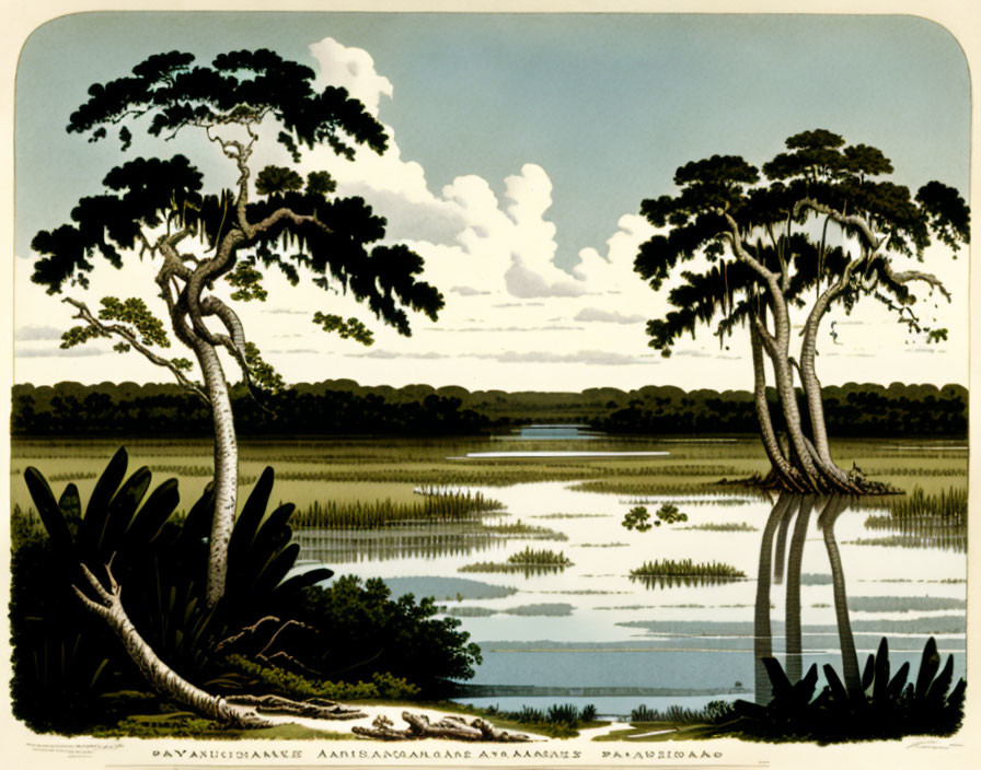 Vintage illustration of marshland with tall trees and lush vegetation