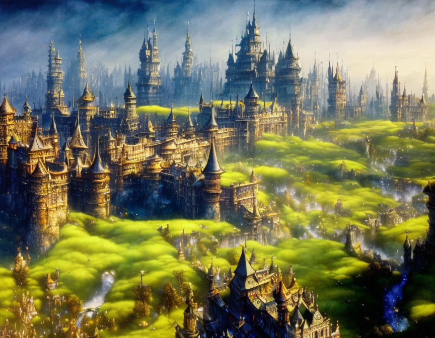 Golden castles in a luminous fantasy landscape