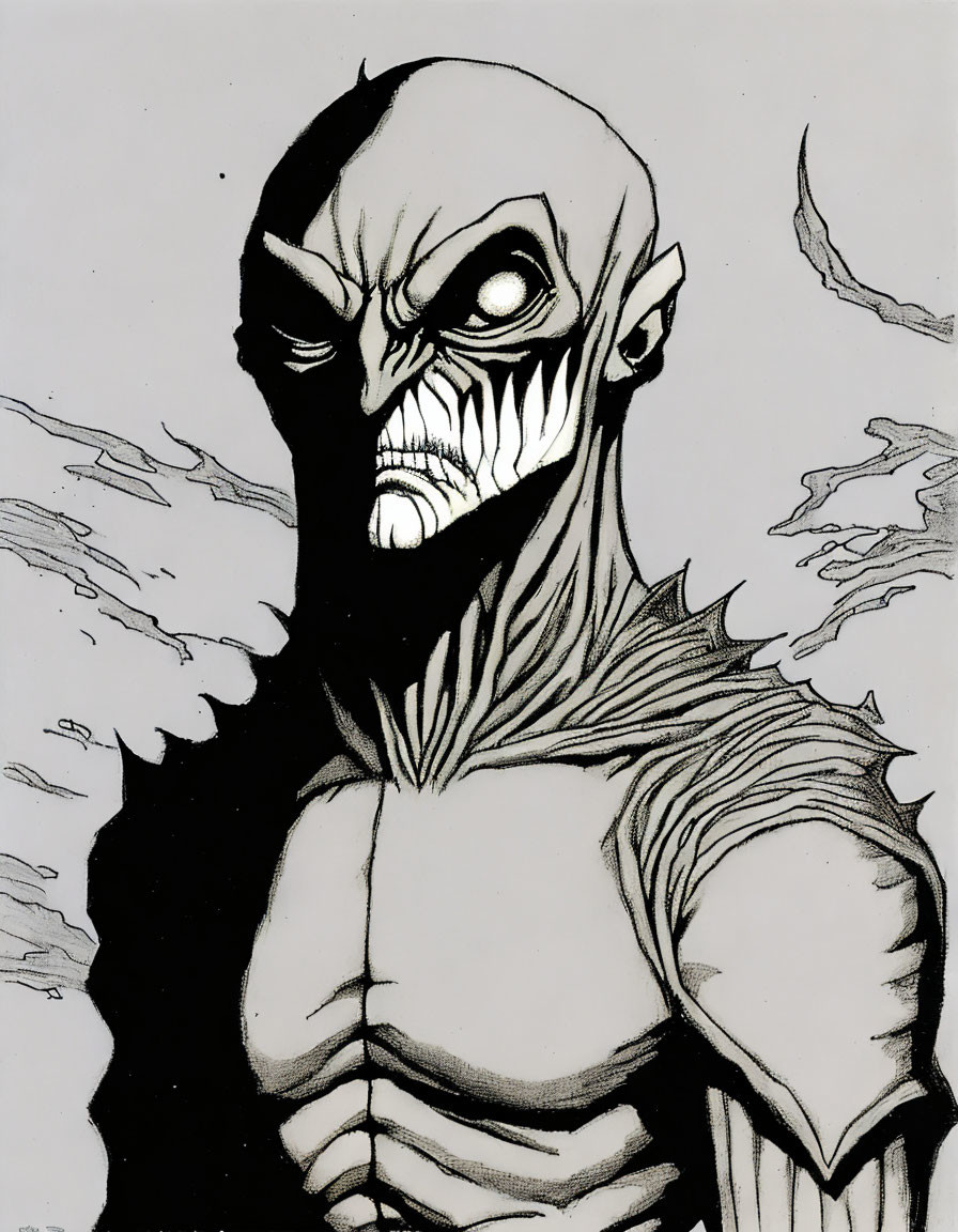 Monochrome drawing of fierce, muscular character with sharp eyes and prominent fangs