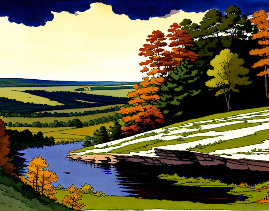 Colorful autumn trees by river in animated landscape