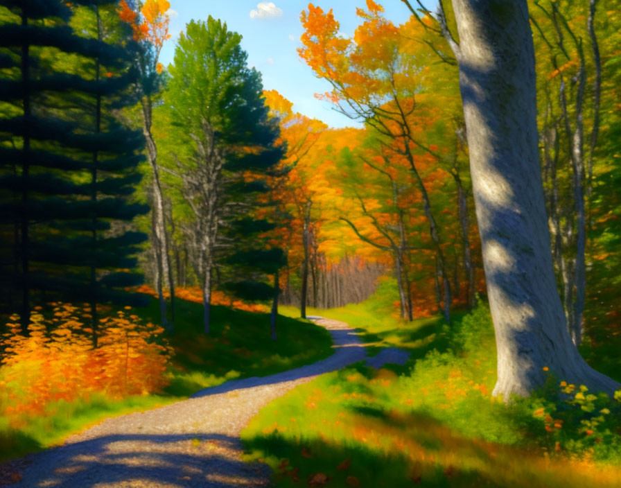 Scenic autumn forest trail with golden and orange leaves