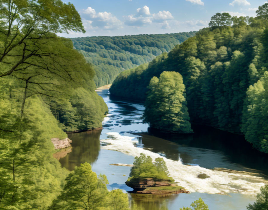 Tranquil river in lush forest valley under blue sky