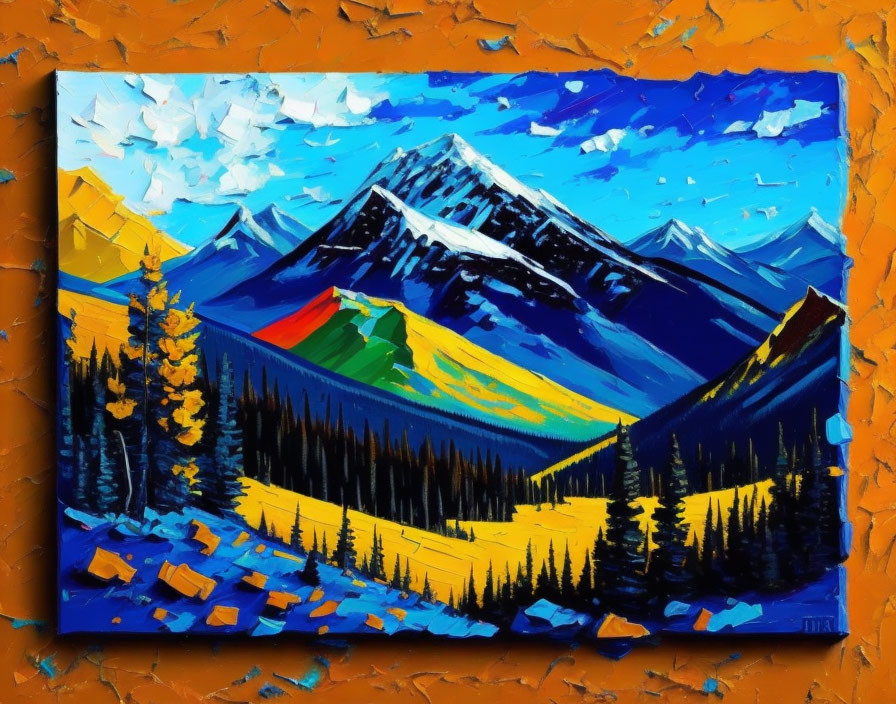 Impasto mountain scene painting with vibrant colors