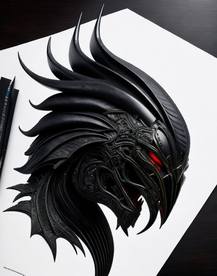 Intricate Black Paper Dragon Head Sculpture with Red Accents