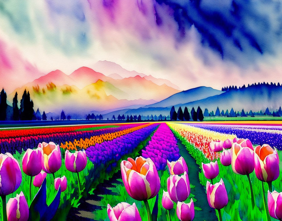 Colorful watercolor painting: Tulip field, mountains, blue sky