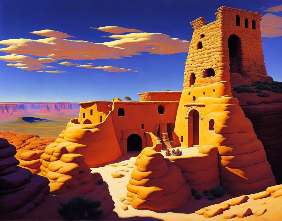 Desert scene painting with vibrant colors and pueblo-style architecture