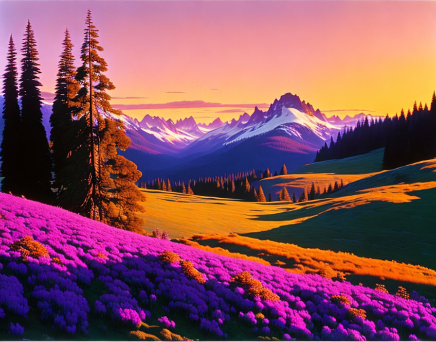 Scenic landscape with wildflowers, hills, and snow-capped mountains at sunset