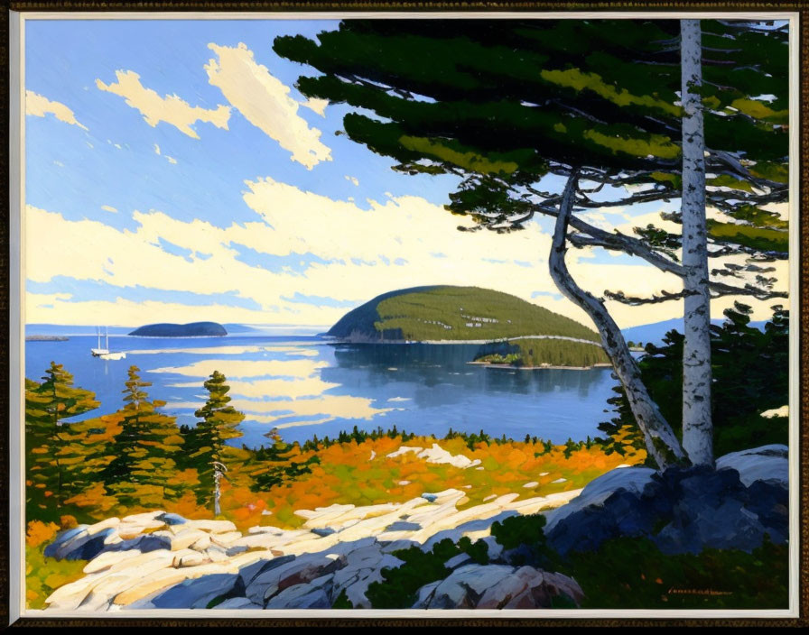 Serene Coastal Landscape with Pine Trees and Sailboats