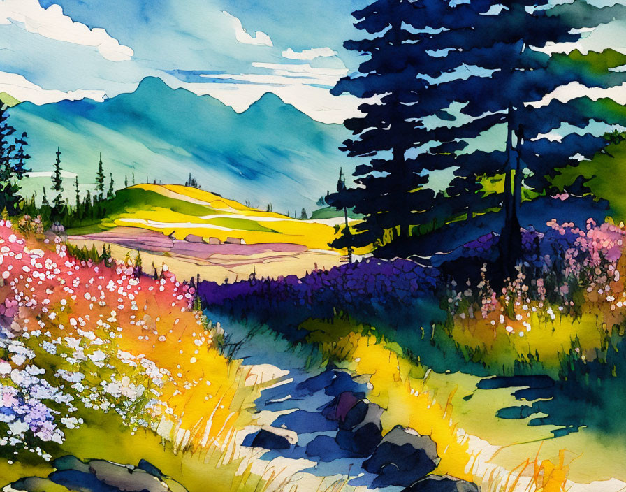 Colorful Watercolor Landscape: Flower Meadow, Stream, Pine Trees, Blue Mountains