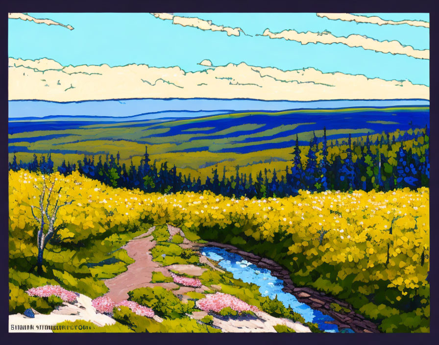 Scenic landscape digital painting with stream, fields, forest, and hills