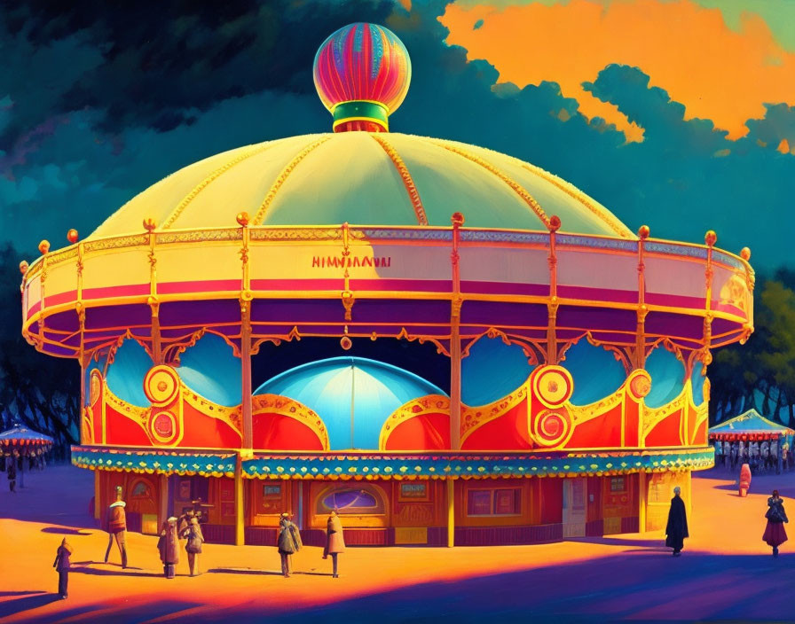 Vibrant twilight carousel with visitors under deep blue sky