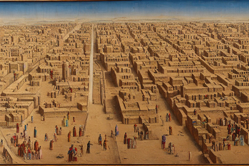 Detailed painting of ancient cityscape with uniform structures and period attire.