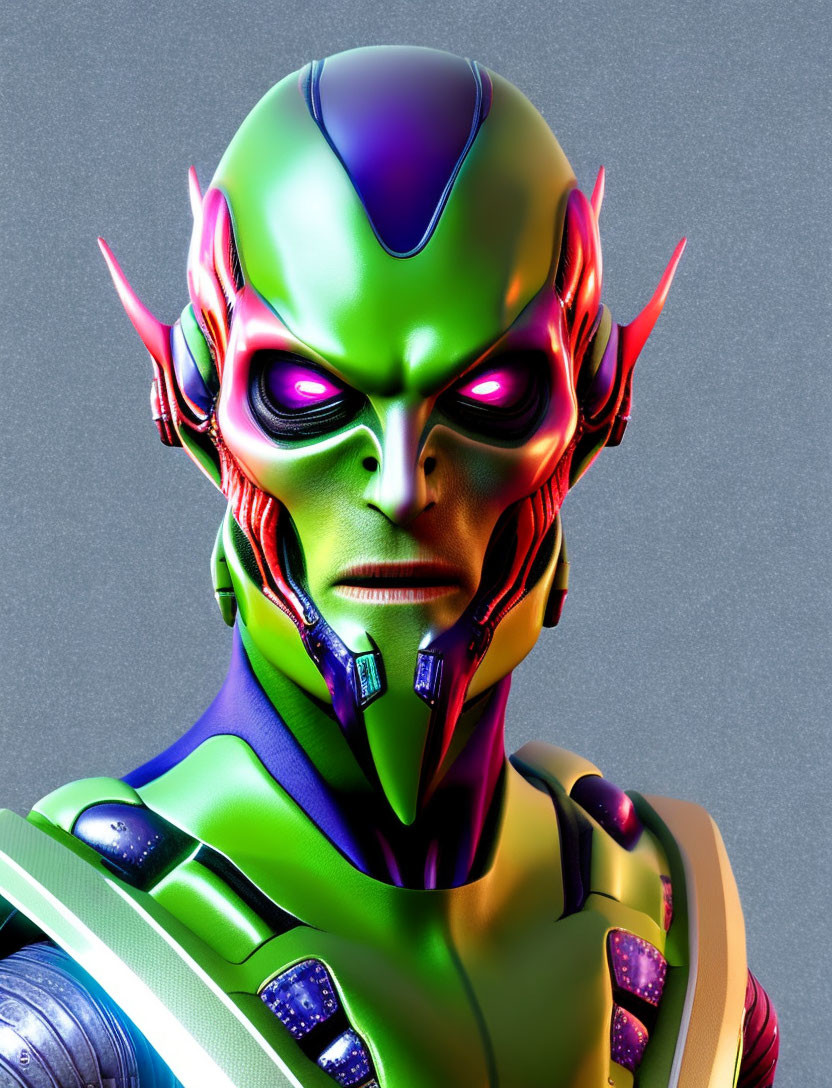 Detailed Portrait of Green-Skinned Alien in Purple and Yellow Armor