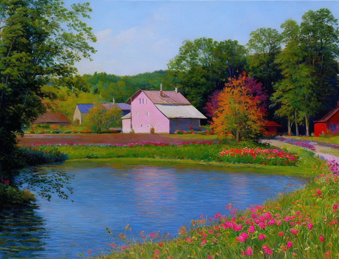 Tranquil countryside landscape with white house, lake, greenery, and colorful blooms