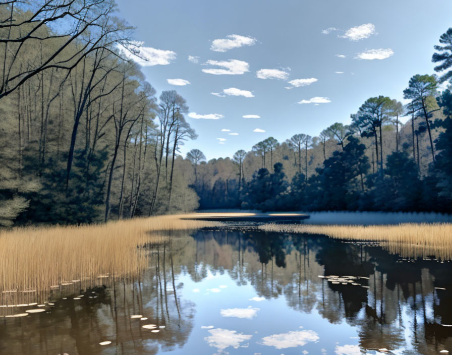 Tranquil Lake Surrounded by Trees and Blue Sky