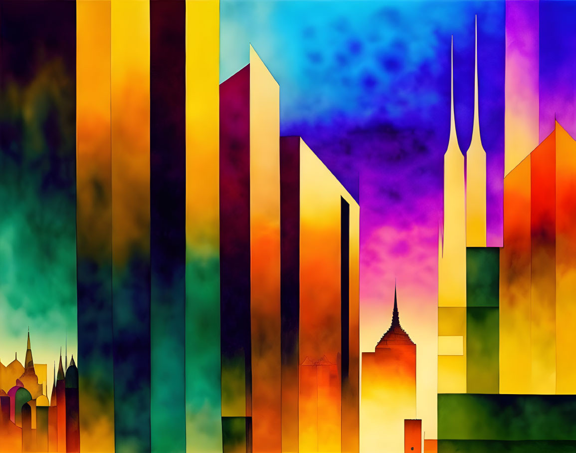 Vibrant abstract cityscape with colorful buildings against gradient sky