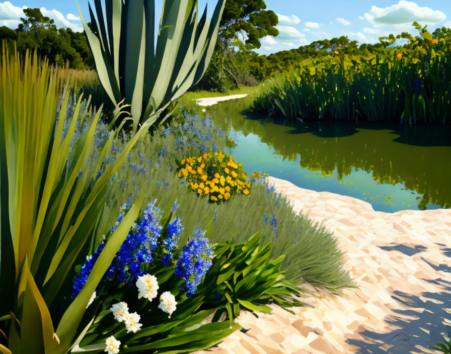 Vivid Riverbank Painting with Flowers and Blue Sky