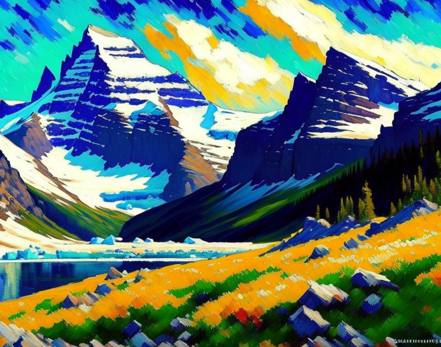 Colorful impressionistic mountain landscape with blue peaks and serene lake