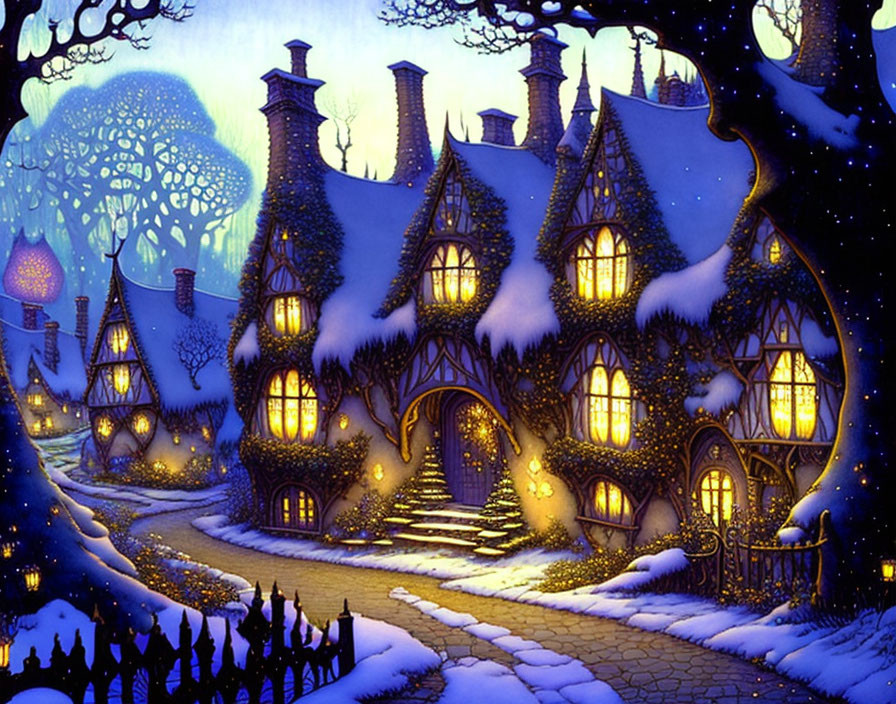 Snow-covered cottage at night with glowing windows and silhouettes.