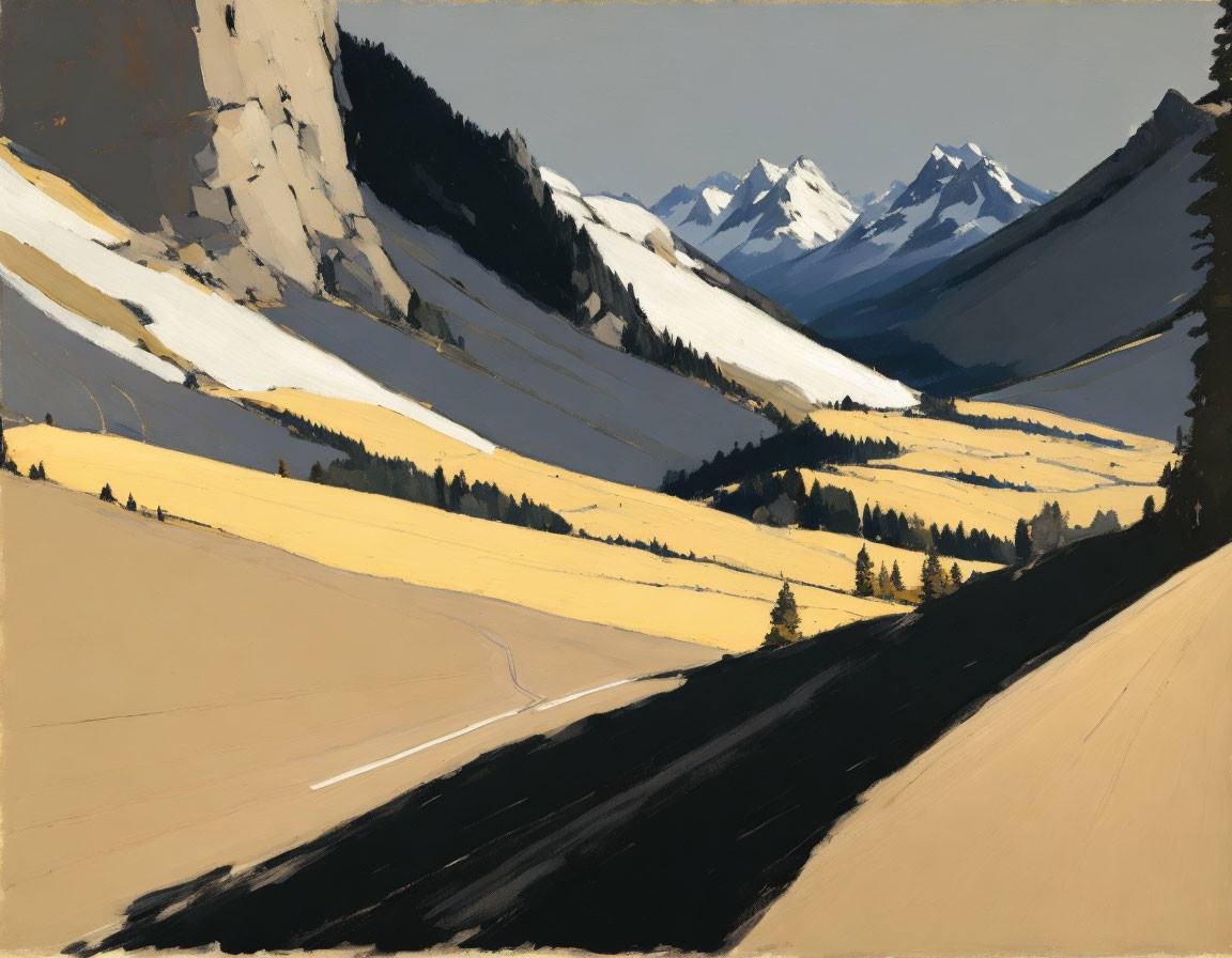 Mountainous Landscape Painting with Snow-Capped Peaks & Winding Road