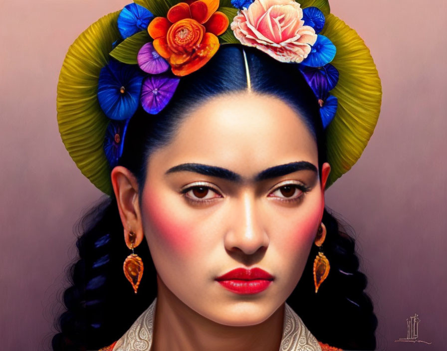 Vibrant portrait of a woman with floral hair, bold makeup, and unique brows