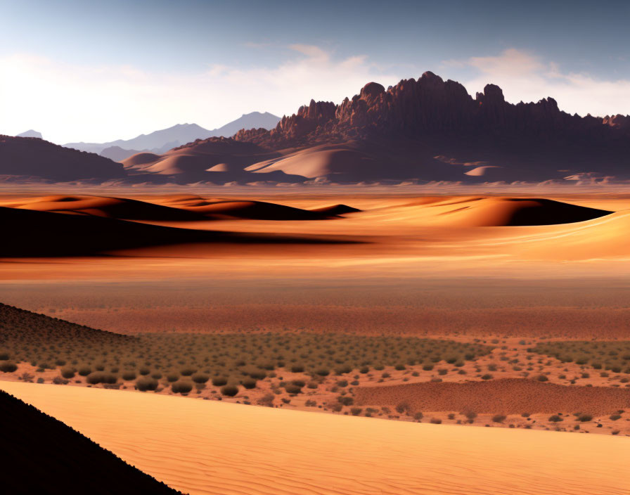 Tranquil desert landscape with sand dunes and mountains at twilight