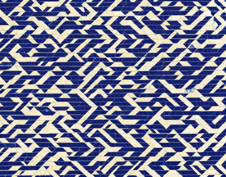 Geometric Blue and White Tiles with Angular Shapes and Wear Marks